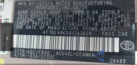 2009 Toyota Camry Le из США, поврежденный, VIN 4T1BE46K09U343628